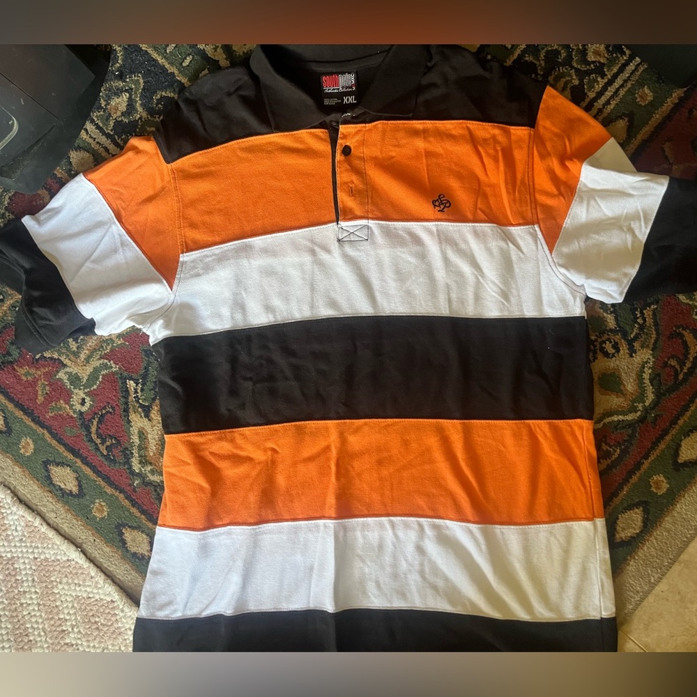 South Pole Orange, Black, and White Striped Polo Shirt
